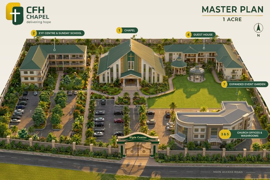 Master plan of the CFH Chapel ministry centre on one acre: chapel, EYF centre and Sunday school, guest house, church offices and event garden